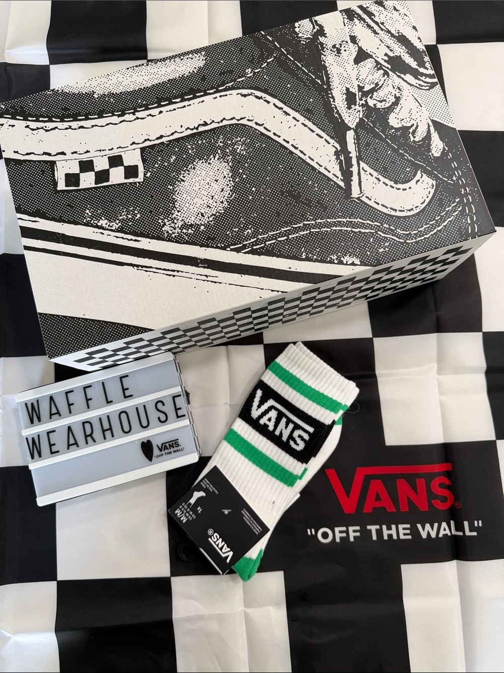Vans White Crew Socks with Green Stripes and Black Logo